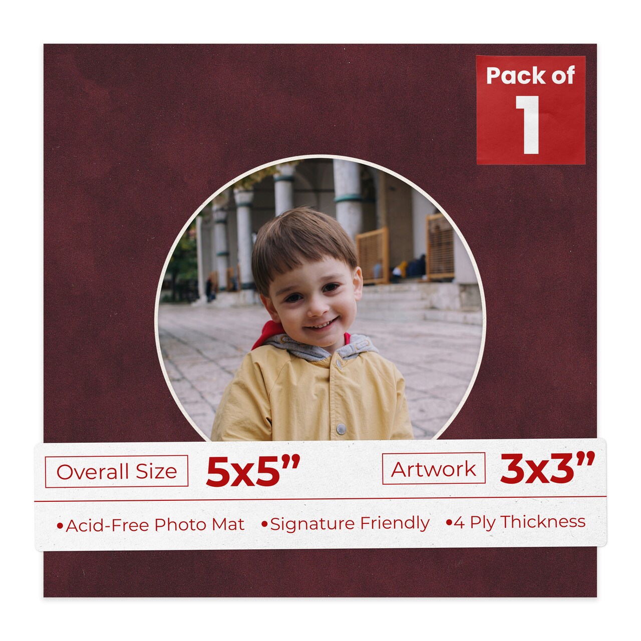 Dark Red Suede Mat Board for 5x5 Inch Frames - Circle Opening for 3x3 Photos